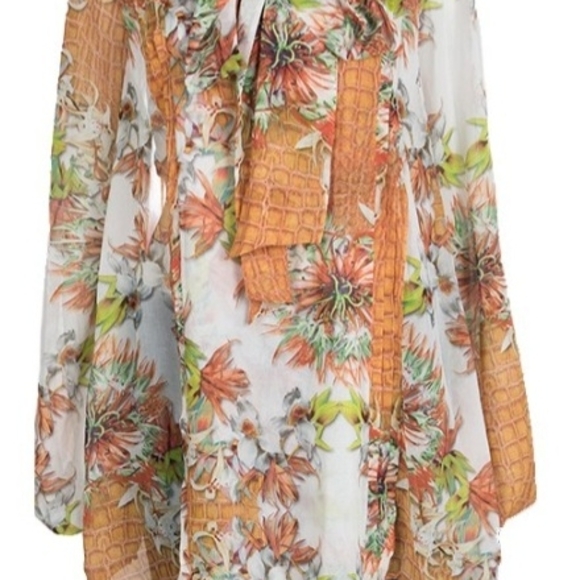 Just Cavalli Made in Italy Multicolor Floral Printed Long Sleeve Neck Tie Blouse - Picture 1 of 5